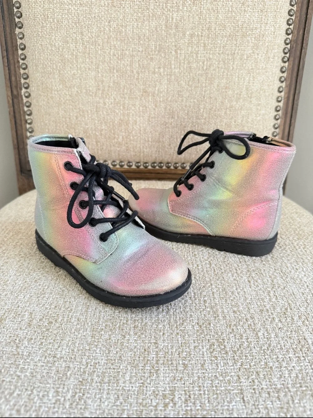 Kids toddler Iridescent rainbow shimmer leather Lace-Up zipper combat Boots sz10